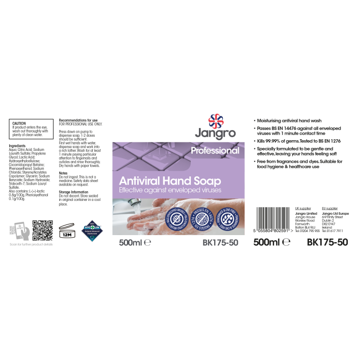 Jangro Antiviral Hand Soap 500ml – product label with usage instructions and ingredients list.