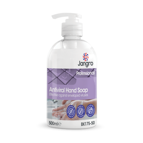Jangro Antiviral Hand Soap 500ml – effective against enveloped viruses, professional use.