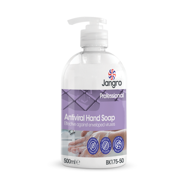 Jangro Antiviral Hand Soap 500ml – effective against enveloped viruses, professional use.