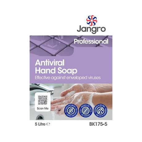 Jangro Professional Antiviral Hand Soap 5L packaging, highlighting effectiveness against enveloped viruses.