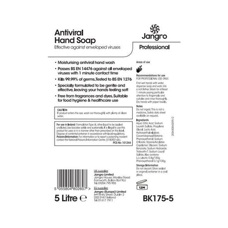 Jangro V8 Anti-Viral Hand Soap 5L – product information and usage instructions.