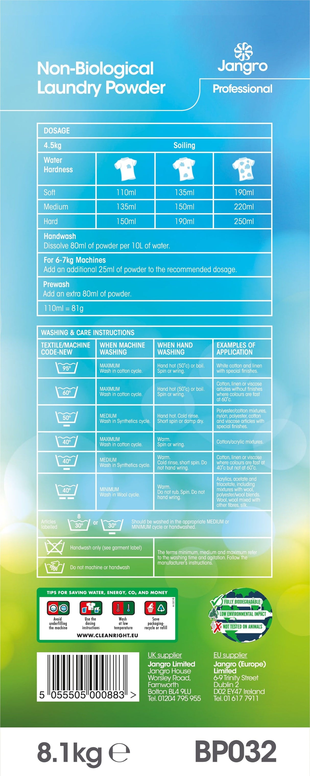 Jangro Non Bio Laundry Powder 100 Wash - BP032 | Sensitive Skin Friendly