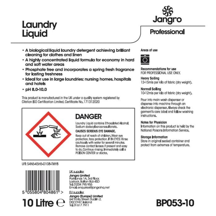 Jangro Premium Non Bio Laundry Liquid 10L - BP053-10 | Sensitive Skin Safe & Powerful Cleaning