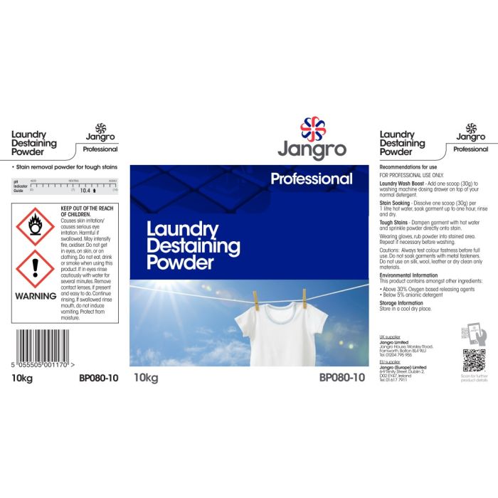 Jangro Laundry Destaining Powder 10kg - BP080-10 | Tough Stain Remover for Professional Use