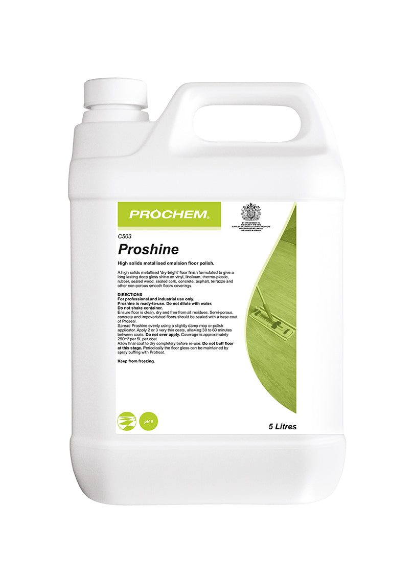 Prochem Proshine 5L – professional high-gloss floor maintainer with usage instructions.