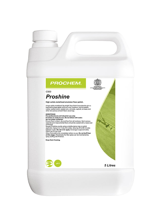 Prochem Proshine 5L – professional high-gloss floor maintainer with usage instructions.