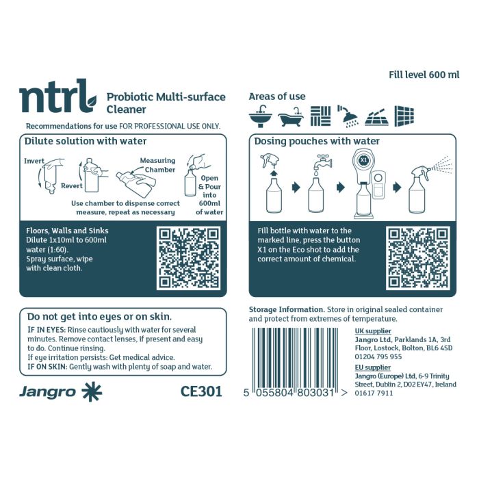 Empty Trigger Bottle for Jangro NTRL Probiotic Washroom Cleaner - CE301 (104494) | 600ml Reusable Spray Bottle