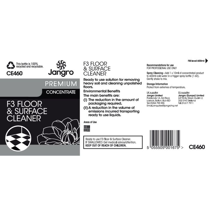 Jangro Enviro F3 Floor Cleaner Trigger Bottle - CE460 | Reusable & Colour-Coded