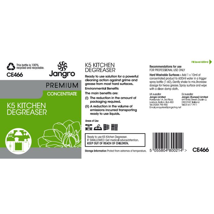 Jangro Enviro K5 Kitchen Degreaser Trigger Bottle - CE466 | Reusable & Colour-Coded