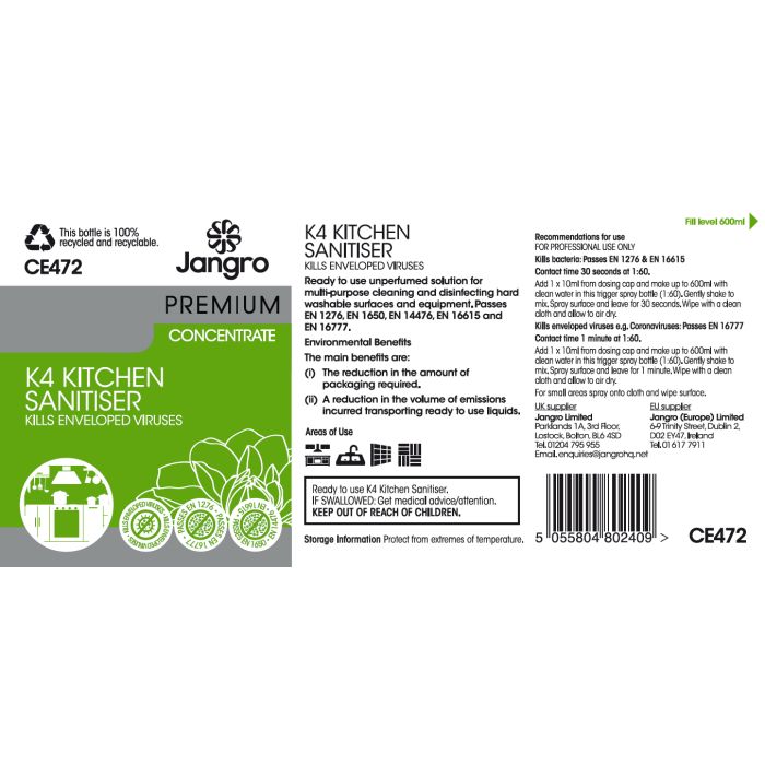 Jangro Enviro K4 Kitchen Sanitiser Trigger Bottle – CE472 | Reusable & Eco-Friendly