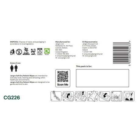 Jangro Soft Dry Patient Wipes – packaging with usage instructions and disposal information.