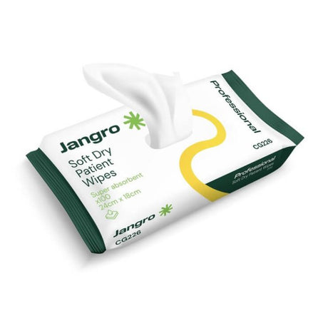 Jangro Soft Dry Patient Wipes packaging, featuring a 100 pack of 24x18cm wipes.