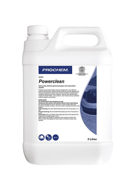 Prochem Powerclean 5L – heavy-duty multi-surface cleaner with usage instructions and safety information.