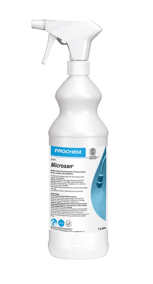 Prochem Microsan Carpet Sanitiser 1L - product packaging with usage instructions and safety information.