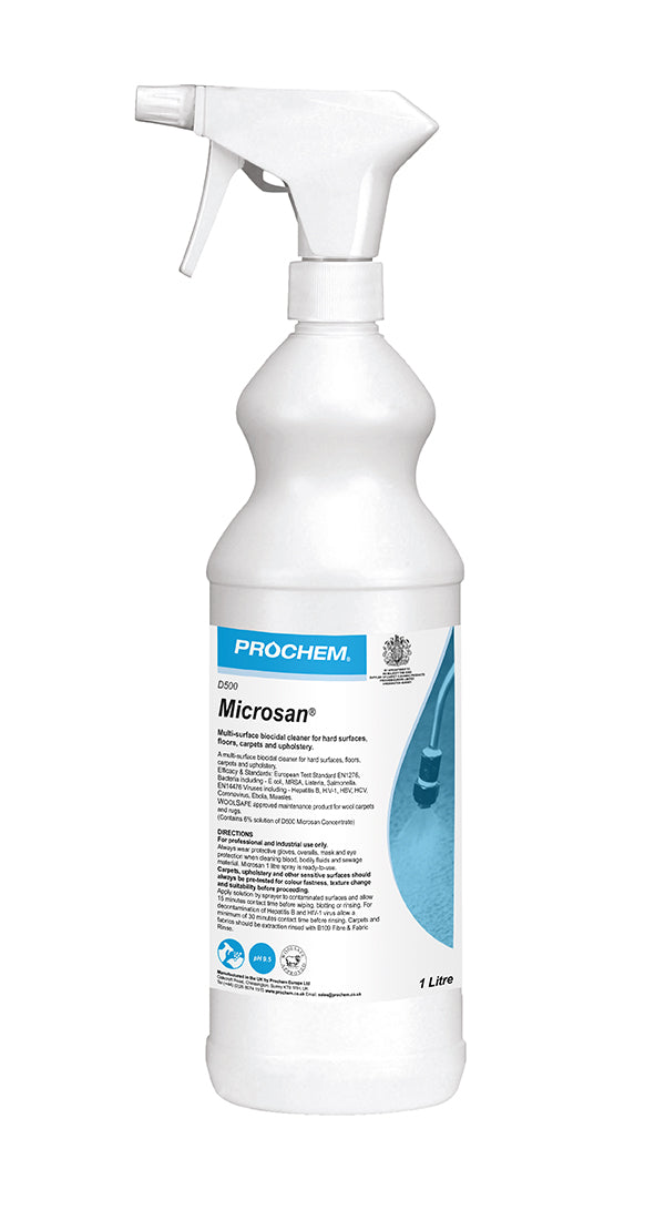 Prochem Microsan Carpet Sanitiser 1L - product packaging with usage instructions and safety information.