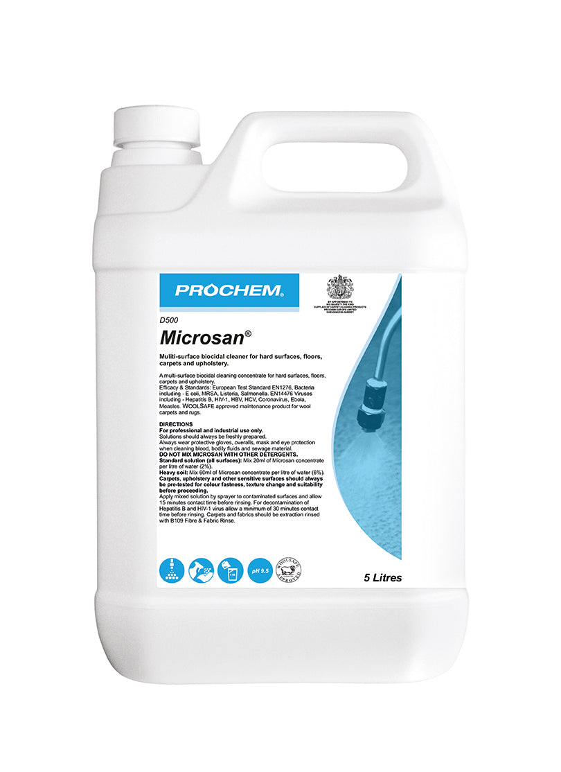 Prochem Microsan Carpet Sanitiser 5L - D500, multi-surface biocidal cleaner with usage instructions.