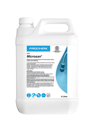 Prochem Microsan Carpet Sanitiser 5L - D500, multi-surface biocidal cleaner with usage instructions.