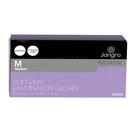 Jangro Premium Soft Vinyl Examination Gloves – Medium, 100 pack, powder-free packaging.