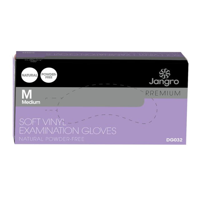 Jangro Premium Soft Vinyl Examination Gloves – Medium, 100 pack, powder-free packaging.