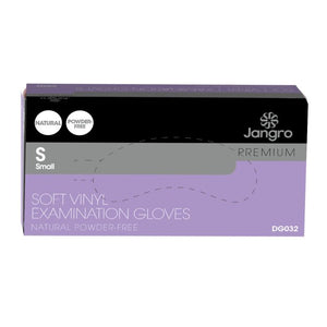 Packaging for Jangro Soft Vinyl Examination Gloves, size small, powder-free, 100 count.