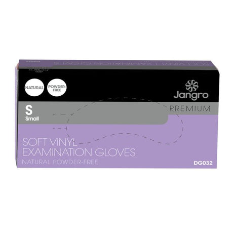 Packaging for Jangro Soft Vinyl Examination Gloves, size small, powder-free, 100 count.