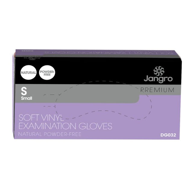Packaging for Jangro Soft Vinyl Examination Gloves, size small, powder-free, 100 count.