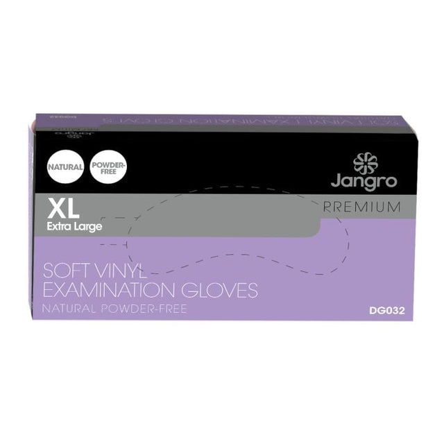 Packaging for Jangro Soft Vinyl Examination Gloves, Extra Large, Powder-Free, 100 count.