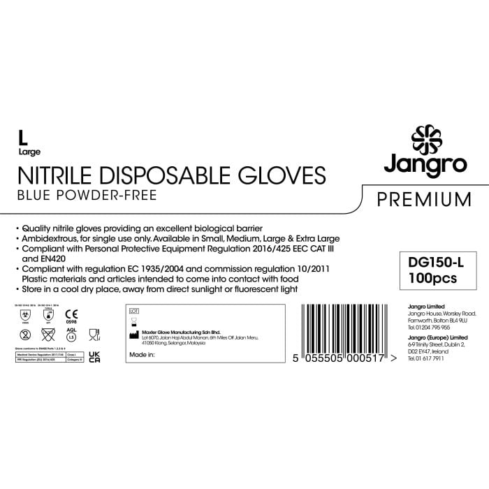 Jangro Blue Nitrile Gloves Large 100 Pack – product information and usage instructions.