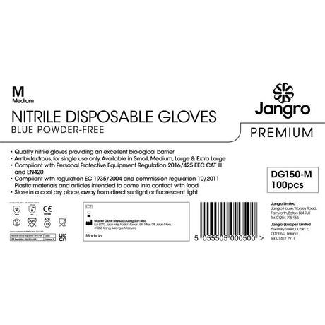 Jangro Premium Nitrile Disposable Gloves Blue, Medium size, 100 pieces packaging label.