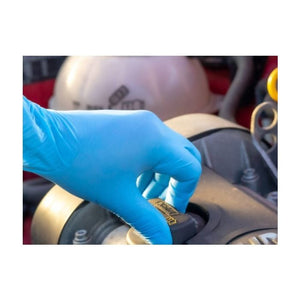 Person wearing Jangro Blue Nitrile Gloves, checking an engine component.