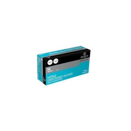 Jangro Premium Nitrile Gloves Blue Medium – packaging for 100 disposable gloves.