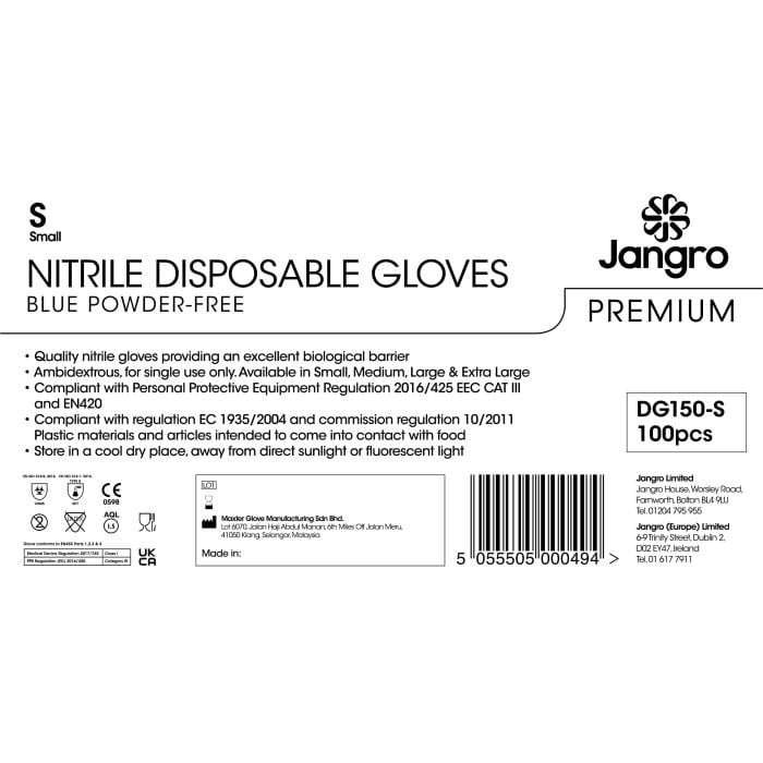 Jangro Blue Nitrile Gloves Small 100 Pack – product information and usage instructions.