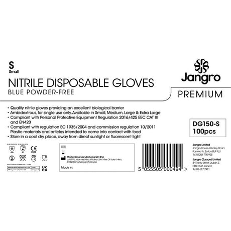 Jangro Blue Nitrile Gloves Small 100 Pack – product information and usage instructions.
