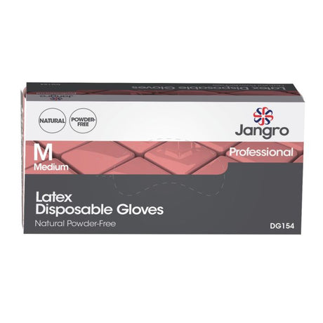 Jangro Latex Powder-Free Gloves Medium 100 Pack – disposable glove packaging.