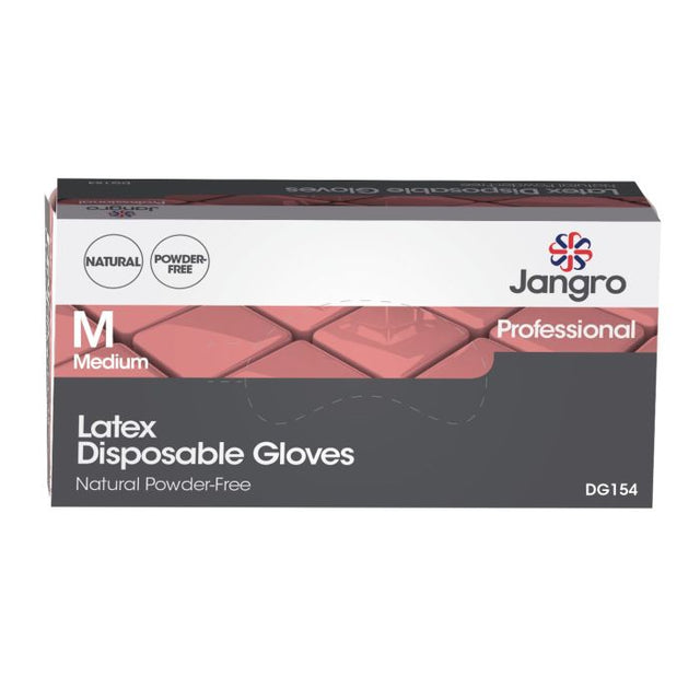 Jangro Latex Powder-Free Gloves Medium 100 Pack – disposable glove packaging.