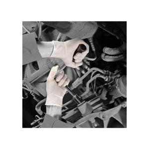Hands wearing Jangro Latex Powder-Free Gloves working on a vehicle's engine components.