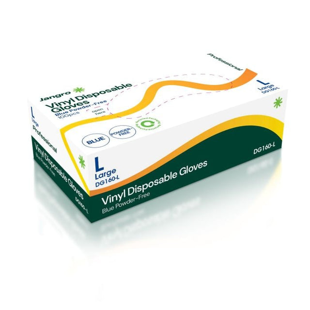 Packaging for Jangro Blue Vinyl Disposable Gloves, Large, Powder-Free, 100 Pack.