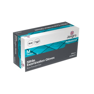 Packaging for Jangro Premium Nitrile Blue Gloves, Medium size, 200 pack, powder-free.