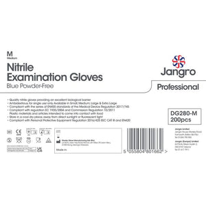 Packaging for Jangro Premium Nitrile Blue Gloves, Medium, 200 Pack, Powder-Free.