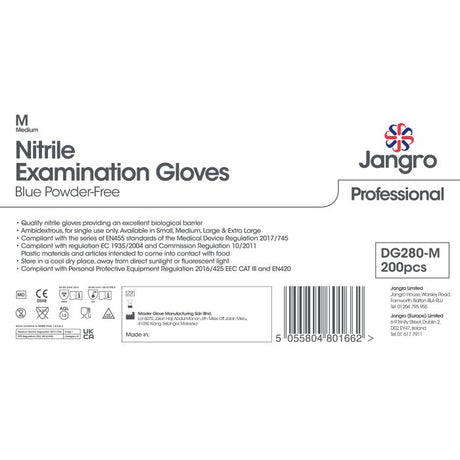 Packaging for Jangro Premium Nitrile Blue Gloves, Medium, 200 Pack, Powder-Free.