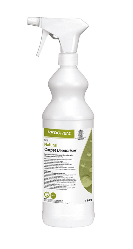 Prochem Natural Carpet Deodoriser Spray 1L - plant-based odour neutraliser with usage instructions.