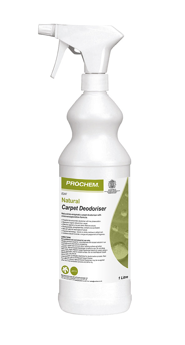 Prochem Natural Carpet Deodoriser Spray 1L - plant-based odour neutraliser with usage instructions.
