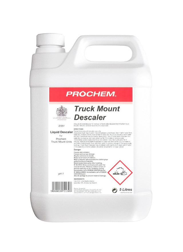 Prochem Truck Mount Descaler 5L – usage instructions and safety information label.