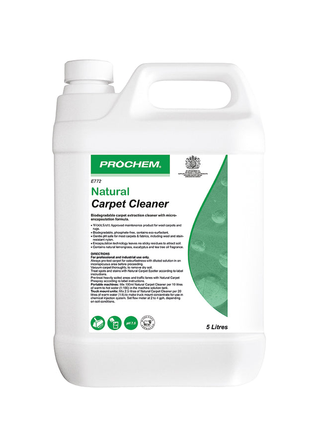 Prochem Natural Carpet Cleaner 5L - biodegradable carpet cleaning solution with usage instructions.