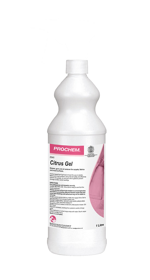 Prochem Citrus Gel 1L – professional spotter and adhesive remover with usage instructions.