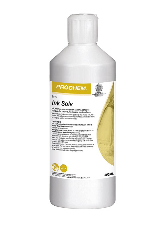 Prochem Ink Solv 500ml – ink and adhesive remover with usage instructions.