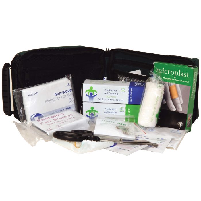 Vehicle First Aid Kit in Bag - includes bandages, dressings, scissors, and emergency supplies.