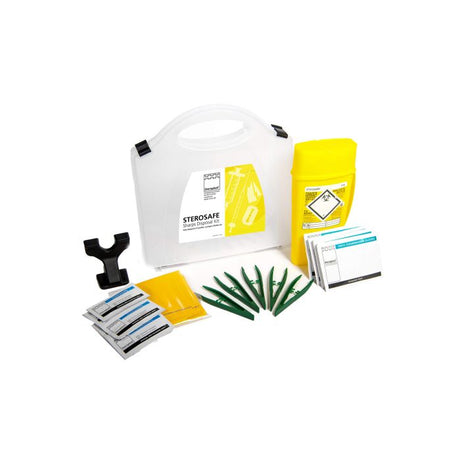 Sharps Disposal Kit - EA126, including disposal container, safety labels, and sharps tools.