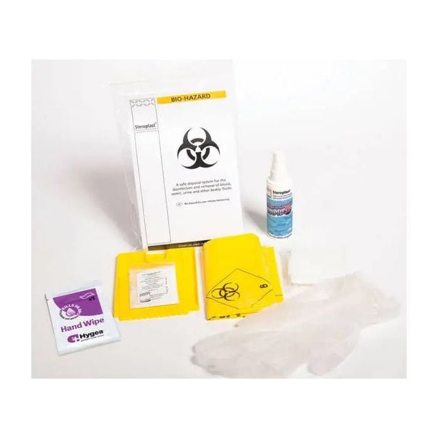 Biohazard Spill Kit Single Use EA128 – disposable body fluid clean-up kit contents.
