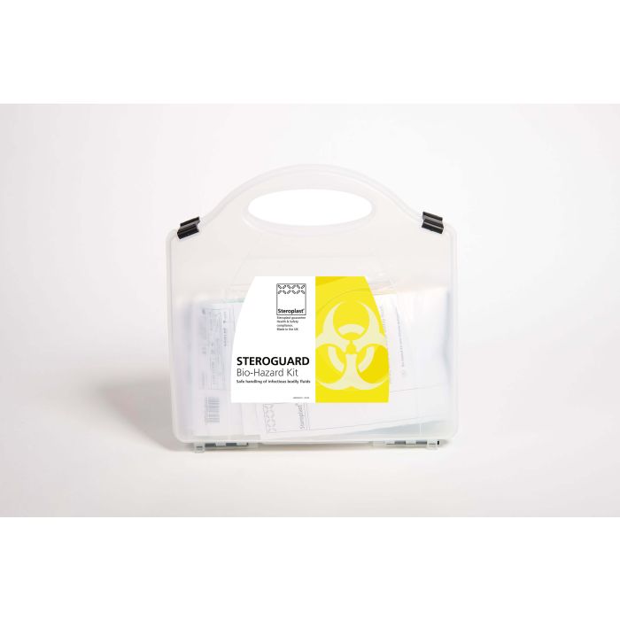 Bio Hazard Spill Kit – multi-use body fluid clean-up kit in a clear case.